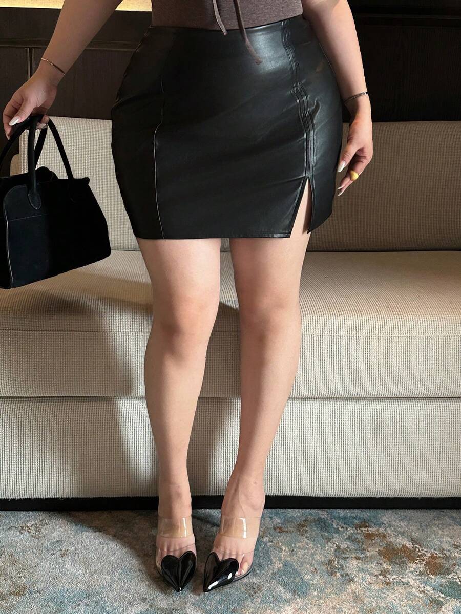 Dazy Plus PU Leather Elastic Bodycon Side Slit Sexy Minimalist Versatile Mini Skirt - Black - View 1