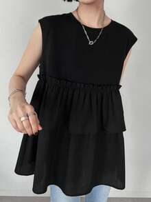 FRIFUL Women's Spring/Summer Short Sleeve Solid Color Layered Ruffle Hem Casual Loose Versatile T-Shirt - Black - View 5