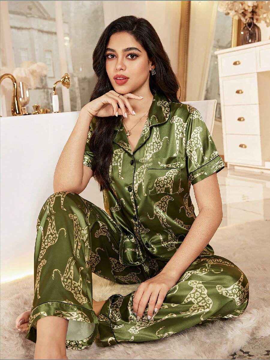 SHEIN Leopard Print Faux Silk Short Sleeve Pajama Set With Collar