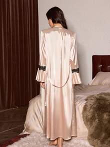 Satin Contrast Lace Trim Sexy Lingerie Set, Backless Long Robe For Women, Elegant & Slimming - Champagne - View 6