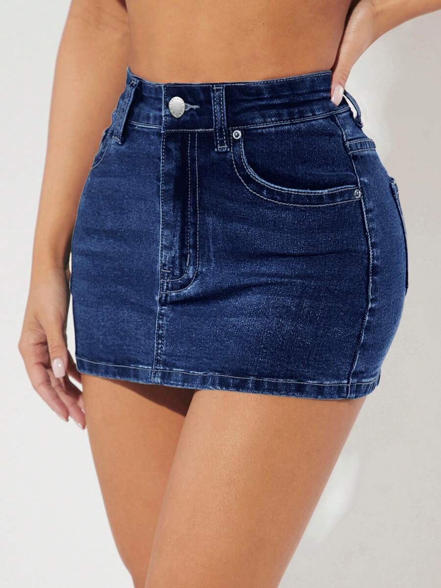 SHEIN PETITE 女款高腰口袋休閒牛仔迷你裙,適合嬌小女性 - 深色水洗藍 - 查看 1