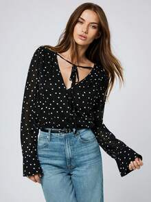 Maija Women's Casual Polka Dot Print Flare Sleeve Blouse, Autumn - Black - View 1