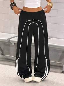 SHEIN HypeZone 女士千禧年风格Y2K休闲街头风拼接宽松女裤 - 黑色 - 查看 3