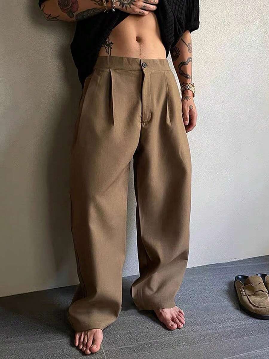 Manfinity Hypemode Men's Pocket Button Casual Versatile Commute Wide Leg Pants - Khaki - View 1