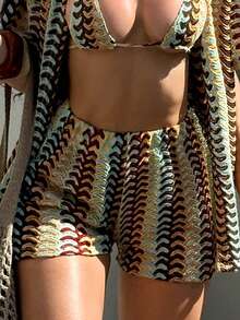 Swim Vcay Women's Summer Beach Vacation Knit Jacquard Loose Cover-Up & Shorts Set - Multicolor - View 1