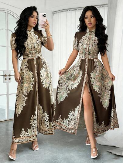 Rafferiza Elegant, Versatile, Commute & Vacation Casual Stand Collar Short Sleeve Button-Front A-Line Shirt Dress, Green Paisley Retro Print Long Maxi Dress Shirt Dress For Women, Spring/Summer