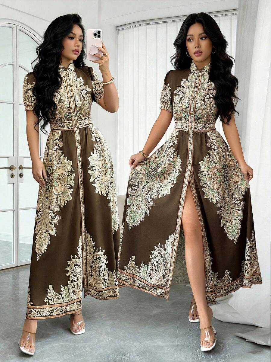 Rafferiza Đầm sơ mi dáng chữ A tay ngắn cổ đứng cài cúc phía trước, thanh lịch, đa năng, phù hợp đi làm và đi nghỉ mát, màu xanh lá cây, họa tiết paisley cổ điển, dáng dài maxi cho nữ, mùa xuân/hè. - màu xanh lá - Xem 1
