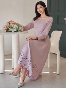DAZY Vestido largo de mujer de cuello cuadrado elegante y de unicolor con diseño hueco, vestido de invitada de boda de verano y primavera - Rosa - Ver 6