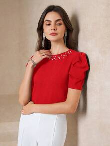 Amorya Women's Round Neck Short Sleeve Knit Gigot Sleeve Beaded Pearl Decor Slim Fit Elegant Casual T-Shirt, Spring/Summer Beaded Tops Tops For Women Elegant Puff Sleeve Top Women Red Top For Women Pearl Top Women - Red - View 5