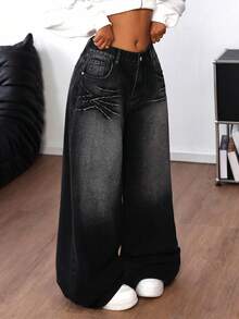 SHEIN ICON 女士交叉图案时尚腰带环宽松牛仔裤 - 黑色 - 查看 7