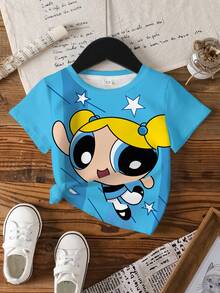 THE POWERPUFF GIRLS X SHEIN Young Girl Blossom, Bubbles, Buttercup Pattern Round Neck Short Sleeve T-Shirt - Multicolor - View 7
