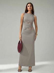 SHEIN Tall Robe longue élégante pour femmes avec dentelle et coutures séduisantes, robe moulante grise d'été avec découpes ajourées, tenue de soirée pour bar et fête, robe du Nouvel An, pour femmes grandes - Gris - Voir 4