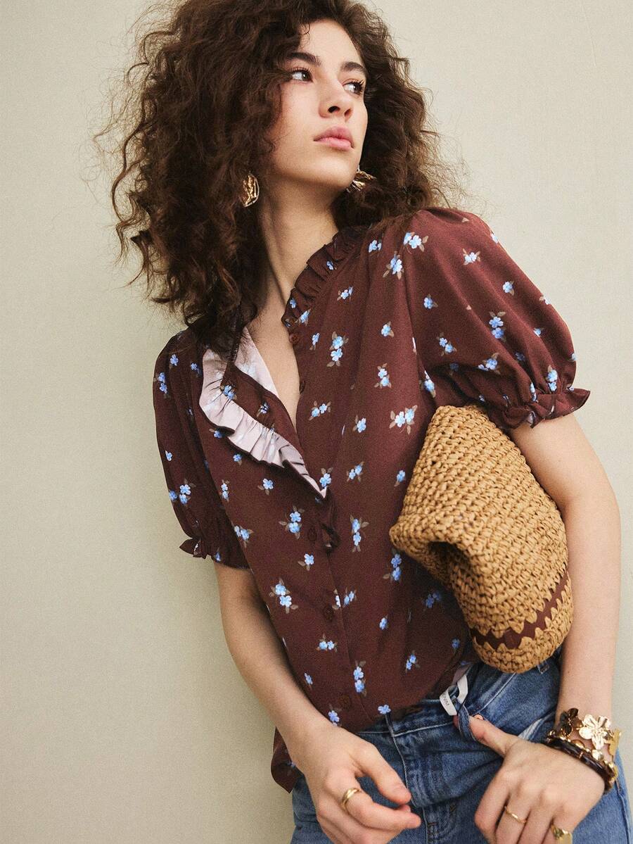 Écloséra Women's Elegant Shirt Commuting Shirt Versatile Shirt French Shirt Printed Pattern Shirt Ruffled Shirt Asymmetrical Shirt Short-Sleeved Shirt - Rust Brown - View 1