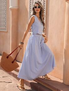 Flora Isola Flora Isola 女士春夏限量版清新活力蓝白竖条纹两件套，褶皱无袖露脐背心上衣搭配A字裙，简约优雅度假风，适合日常通勤、休闲约会、海岛度假、温泉之旅、下午茶、朋友聚会、婚礼宾客等场合。 - 藍白色 - 查看 5