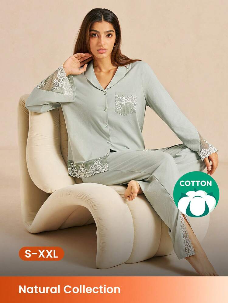 Conjunto de pijama de ropa de dormir de algodón 100% puro suave con pantalón y top con botones y adorno de encaje de lujo