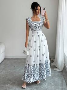 Elenzga Women's Navy Blue And White Printed Square Neck Waist Cinched Cap Sleeve Dress,Elegant,Sophisticated,Summer,Tea Party,Parties,Formal Occasions,Dates - Blue and White - View 7