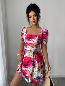 SHEIN Raffinéa Women Floral Print Square Neck Keyhole Puff Sleeve Short Dress - Multicolor - View 5