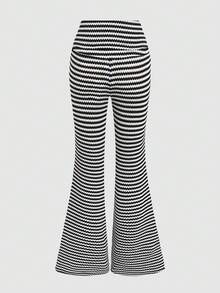 SHEIN 少女腰部褶皱黑白提花喇叭裤 - 黑與白 - 查看 2