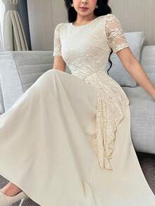 Modelyn Vestido elegante de mujer con parches de encaje de unicolor - Blanco - Ver 6