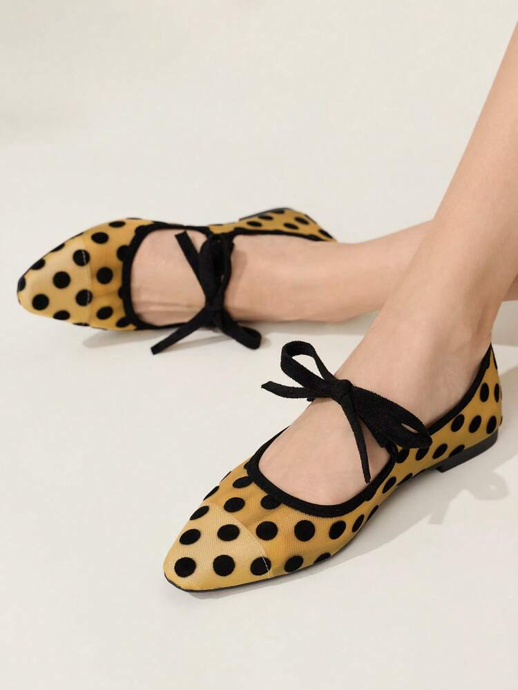CUCCOO CHICEST New Mesh Polka Dot Bow Decor Pointed Toe Elegant Versatile Women Flat Shoes Spring Shoes Spring Break Easter For Christmas Elegant Shoes
