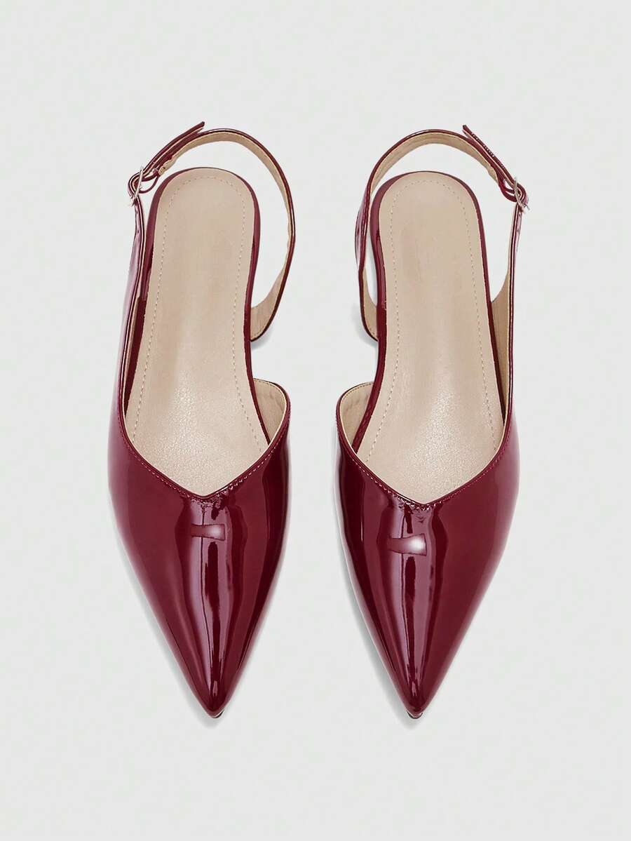 CUCCOO BIZCHIC 女士平底鞋，轻盈法式漆皮尖头高跟凉鞋，金属搭扣绑带凉鞋，适合日常约会、通勤上班，低鞋面设计，情人节礼物 - 酒紅色 - 查看 1