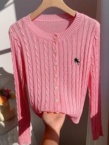 Comfortcana 女士休闲针织开衫，饰有骑士刺绣，单排扣长袖 - 粉色 - 查看 6