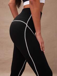 Lumalex 1pc Black & White Contrast Stripe Pattern Cropped Workout Leggings Yoga Women Pants - Black and White - View 5