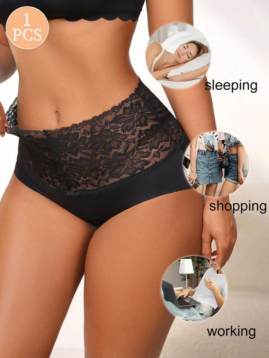 1 pieza Ropa interior de mujer NudeFit de unicolor con parches de encaje, cintura alta, suave y transpirable - Negro - Ver 1