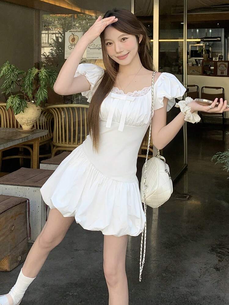 Women's V-Neck Solid Color Lace Patchwork Korean Style Puff Sleeve Midi Dress Sundress Summer