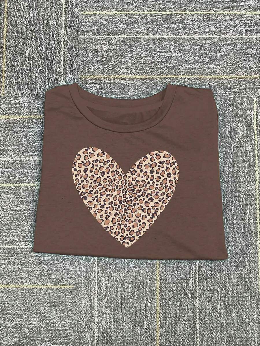 INAWLY Women's Leopard Print Heart Graphic Loose V-Neck Short Sleeve T-Shirt - Brown - View 1