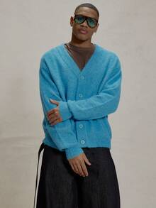 Long Sleeve V Neck Button Up Knitted Cardigan Style Sweater Essentials Layering Spring&Summer - Blue - View 1