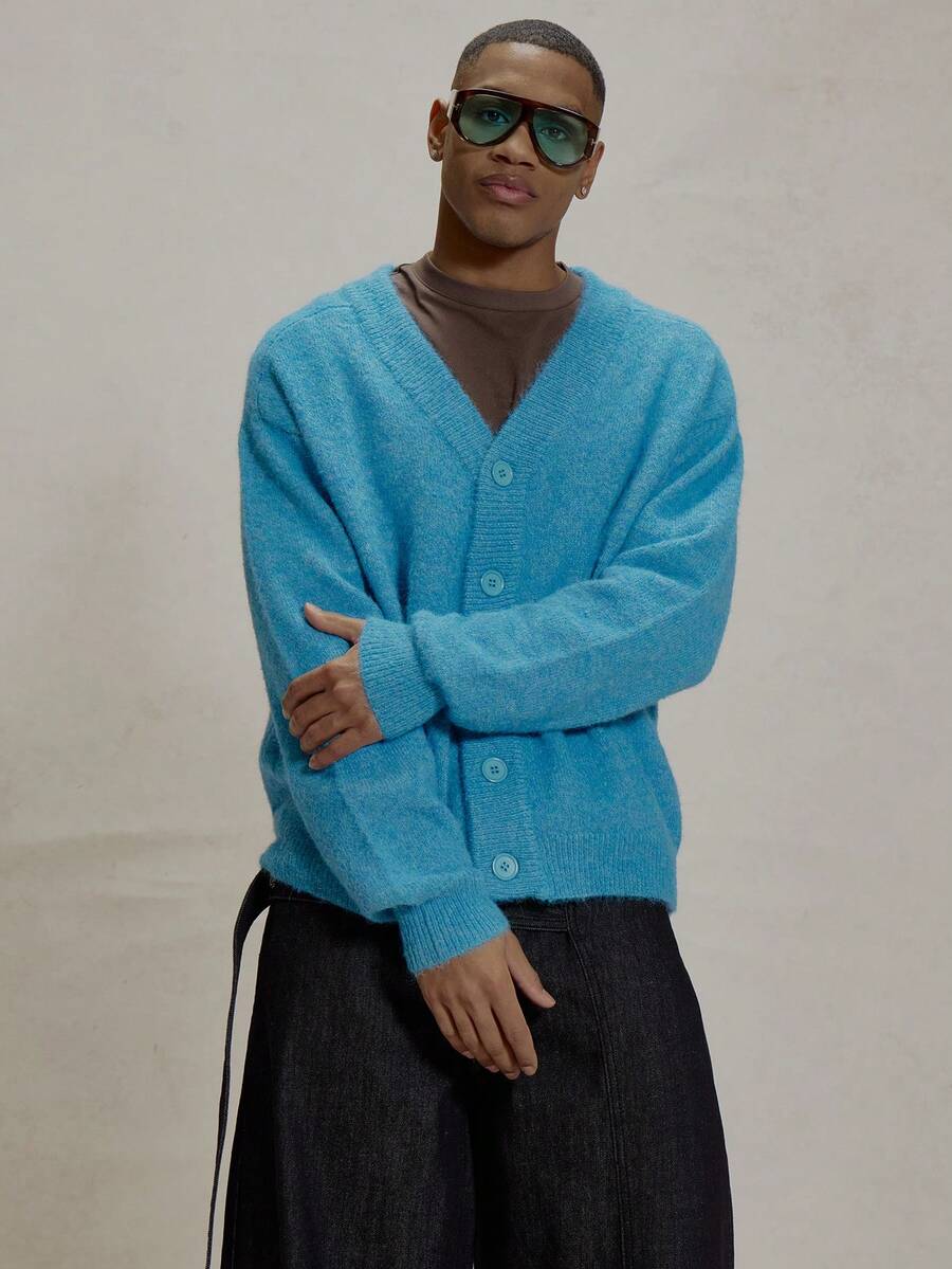 Long Sleeve V Neck Button Up Knitted Cardigan Style Sweater Essentials Layering Spring&Summer - Blue - View 1