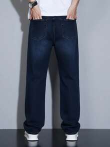 Manfinity Homme Quần jeans nam ống đứng dáng rộng thoải mái có túi - Rửa tối - Xem 2