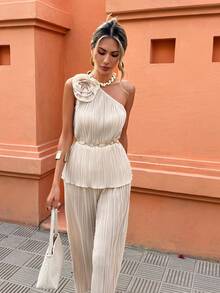 SHEIN LUNE 标准尺码女士春夏单肩休闲度假套装，饰有3D立体花卉图案和褶皱面料 - 香檳色 - 查看 7