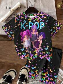 Tween Girls K-Pop Butterfly All Over Print Short Sleeve Round Neck T-Shirt With Biker Shorts Set - Multicolor - View 2