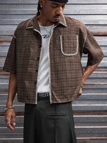 AXEPEAK Men's Plaid Collar Pocket Single-Breasted Casual Versatile Commuting Short Sleeve Shirt - Coffee Brown - View 4