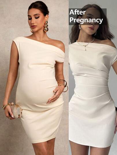 MaterniChic Maternity Clothes Maternity Dress Maternity Solid Color Ruched Asymmetric Shoulder Fitted Elegant Dress Beige Maternity Dress Pregnancy Photoshoot Dress One Shoulder Dress Elegant Maternity Baby Shower Dress Sexy Maternity Dress Elegant