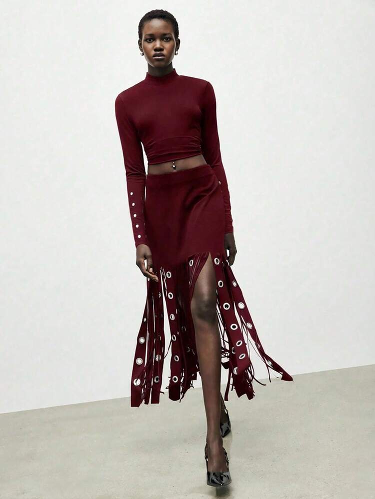 SHEIN Maija Women's Solid Color Minimalist Daily Wear Circle Ring Tassel Skirt Burgundy Skirt Fringe Skirt