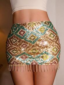 SHEIN Glamour Women's Rhombus Sequin Patchwork Tassel Design Fashionable Versatile Date Party Mini Skirt - Green - View 1