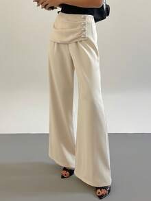 DAZY Women's Casual Metal Buckle Pleated Commuter Pants - Beige - View 9