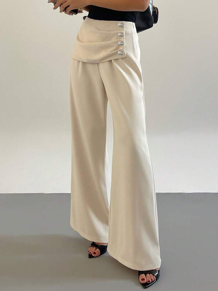 Women's Casual Metal Buckle Pleated Commuter Pants