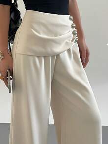 DAZY Women's Casual Metal Buckle Pleated Commuter Pants - Beige - View 7