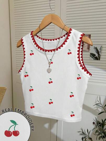 Resyla Cherry Pattern Embroidered Women Tank Top, Fashionable Shell Lace Trim Cropped Camisole