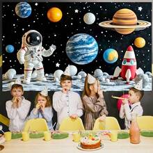 1 件太空主题生日派对背景布 - 卡通外太空行星、火箭和星星 - 涤纶悬挂横幅，适用于节日和摄影 - 彩色 - 查看 2