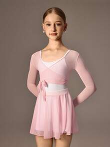 SHEIN Tween Girls Ballet 3 PiecesSet, White Leotard With Tulle Skirt And Sheer Jacket, Stretchy Fitted Fabric With Lightweight Mesh, Suitable For Ballet Training - Pink - View 8