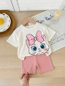 SHEIN 2pcs Baby Girl Knitted Crew Neck Cute Cat Pattern Casual T-Shirt And Shorts Set - Multicolor - View 7