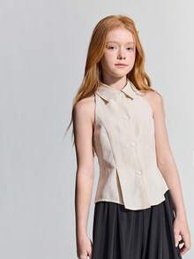 Ontre Tween Girl Apricot Striped Fitted Turndown Collar Sleeveless Casual Shirt - Apricot - View 4