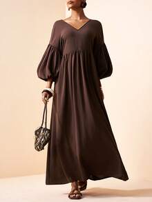 Zivah 2026 Spring/Summer New Music Festival, Easter, St. Patrick's Day, Valentine's Day, Date, Western, Nomadic, Birthday Party, Graduation, College, Student, Daily Wear, Basic Versatile, Casual, Vacation, Cruise Travel, Beach, Sunbathing, Viral , Streetwear, Wedding Guest Boho, Commute, Brunch, Airport, Party, Holiday Outing, Office Wear V-Neck 3/4 Sleeve Puff Sleeve Long A-Line Super Loose Linen Brown Maxi Dress - Brown - View 1