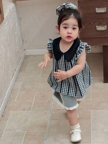 DAZY Áo kiểu không tay cổ bẻ kẻ caro dáng bồng cho bé gái, phong cách Hàn Quốc, thích hợp cho mùa xuân/hè. - màu đen - Xem 9
