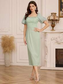Modelyn Elegant Beaded Puff Sleeve Fitted Women's Fashion Dress - Mint Green - View 3
